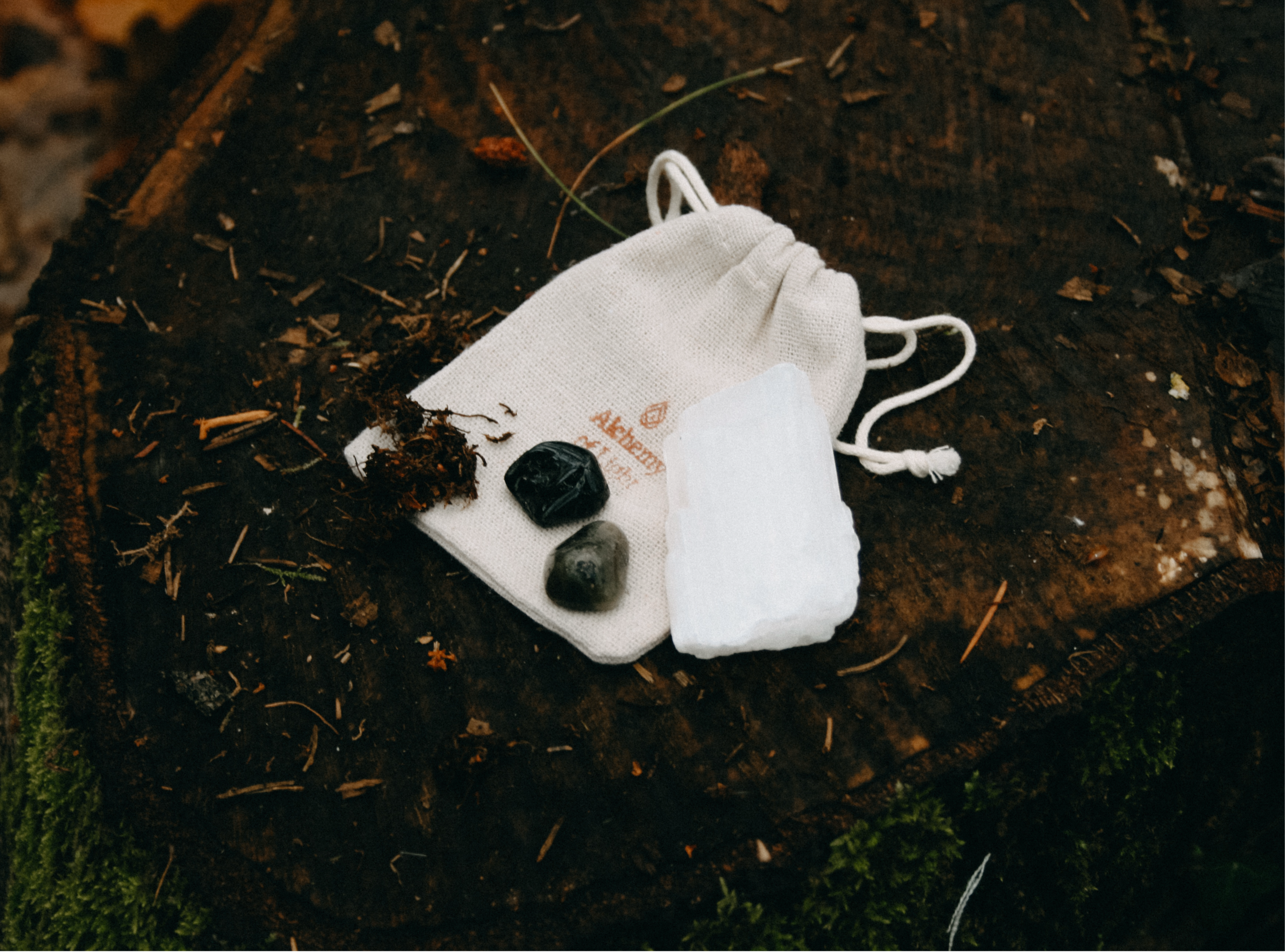 Edelstenen setje Bescherming & Gronding met seleniet, toermalijn en labradoriet in wit linnen cadeauzakje op boomstronk.