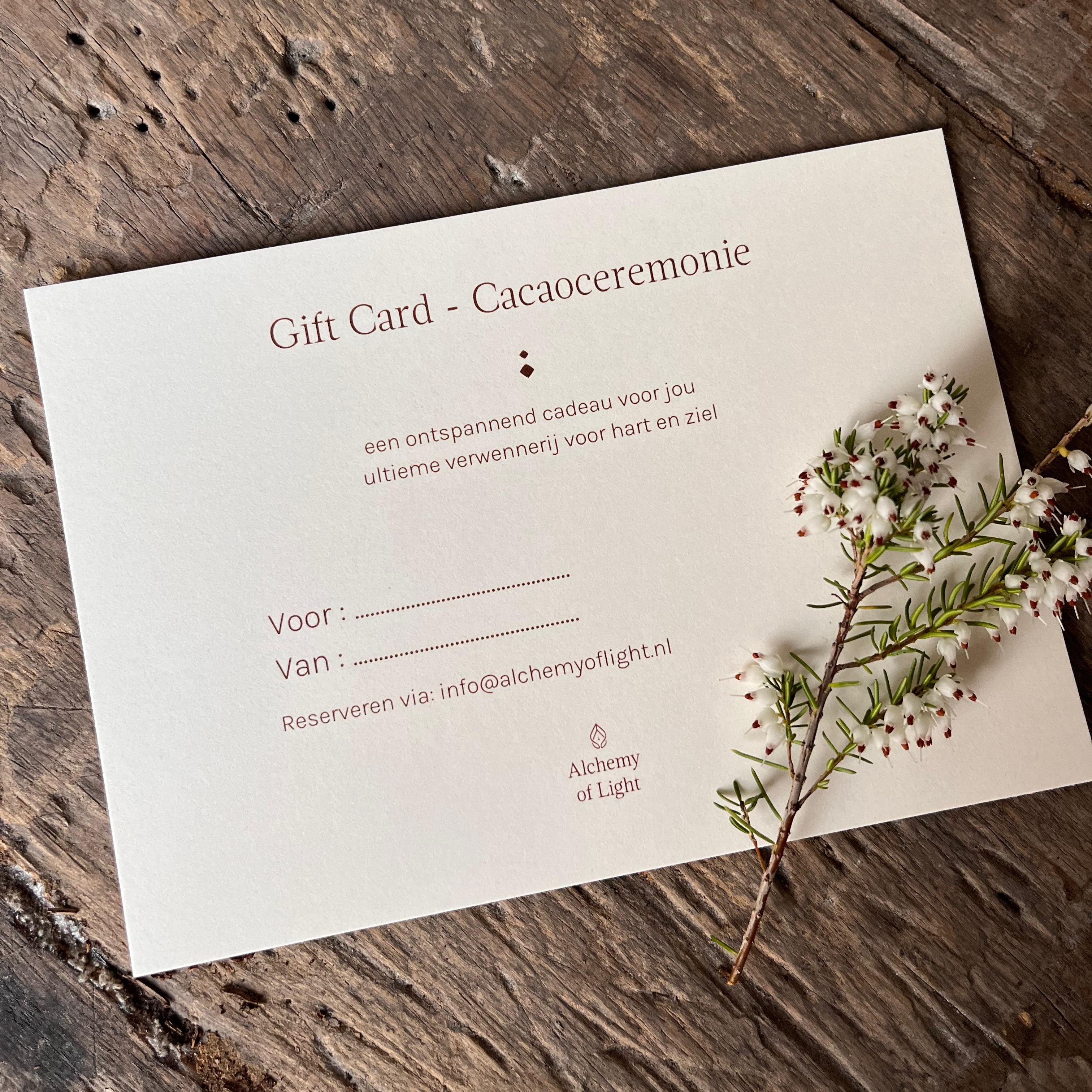 Gift Card Alchemy of Light voor cacaoceremonie – groep, 1-op-1 of duo